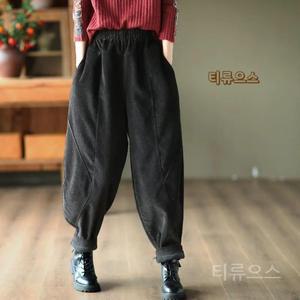 여자 신상바지 가을 빈티지 골덴 배기팬츠 허리 밴딩 패치 슬림핏 기모 티류으스
