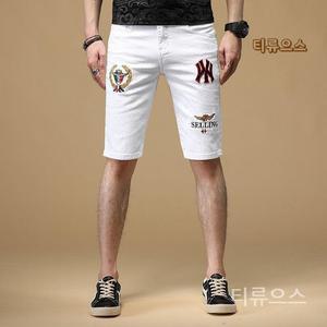 티류으스 남자 화이트 데님반바지 자수 슬림 스판데님팬츠