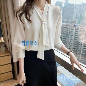 티류으스 여성 봄 가을 리본 긴팔 정장 스타일 쉬폰 셔츠 블라우스 데일리 하객룩 코디