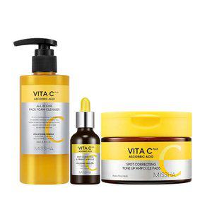 [미샤] 비타씨플러스 잡티 탄력앰플 40ml + 톤업 앰플패드 80매 + 올인원 팩 폼 클렌저