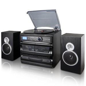 CD 플레이어, 듀얼 카세트 플레이어, BT, FM 라디오 및 USB/SD 녹음 및 유선 선반 스피커가 포함된 Trexonic 3단 턴테이블