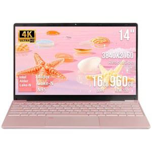 빈텍 14인치 4K 노트북, 3840x2160픽셀, 셀러론 N95(최대 3.4GHz) 노트북, 16GB DDR4 윈도우 11 울트라북, 180 열림 및 닫기, 백라이트 키보드, WiFi, USB, 블루투스(로즈 골드/16G+960GB SSD)