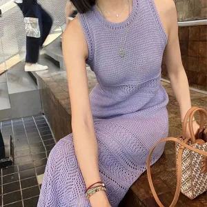휴양지룩 여름나시 니트 펀칭디자인 여성롱 민소매 여름