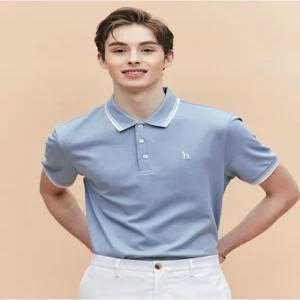 헤지스 남성 25SS [AIRY TWILL] 블루 더블 팁 배색 카라 티셔츠 HZTS5B437B1