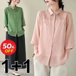타임 여름 자수 면마 여성 셔츠 카라넥 반팔 빅사이즈 티셔츠 M~2XL