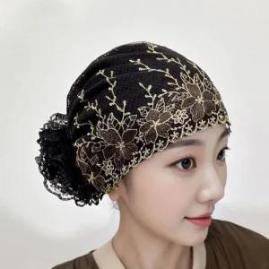 니트버킷햇 크로셰비니 니트 모자 여름 뜨개 레이스 꽃 자수 보닛 여성 두건 스판 스카프 흰 항암