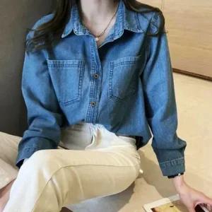 [오노마] ONM 여성 포켓 데님셔츠 빈티지 캐주얼 청남방 카라셔