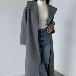 여자 겨울 엣지 빅카라 벨티드 맥스 모직 코트