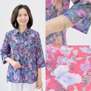 마미소 플라워 오픈 카라 블라우스 꽃무늬 아사면50 여름 엄마 할머니 빅사이즈 40 60 마담 중년 여성 옷