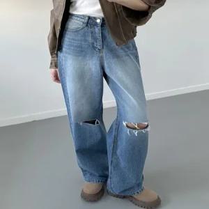 여자 사계절 디스트로이드 일자 데님팬츠 찢청 구제 청바지