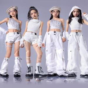 화이트 초등 방송댄스복 태슬 실버 공연복 아동 걸스힙합 의상 치어리더 재즈
