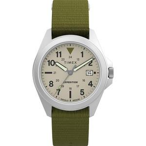 Timex 유니 익스페디션 필드 36mm 시계 - 그린 스트랩 다이얼 실버톤 케이스, 그린/실버톤/내추럴, 모던.