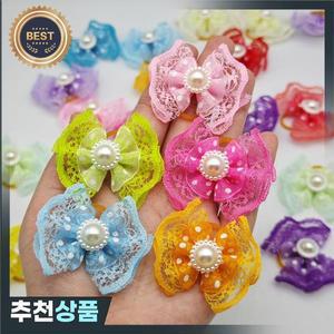 강아지용 밝은 2중 레이스 리본 10개 13가지 색상 애견 미용 헤어  고무줄 클립 강아지 용품