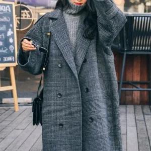 봄자켓 오버핏 더블 버튼 체크 모직 누빔 안감 코트