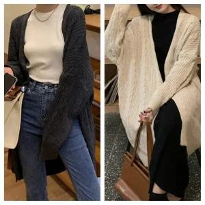 포에니 꽈배기 니트 오버핏 롱가디건 그레이 베이지