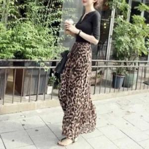 로미홀리 호피 패턴 쉬폰 허리 밴딩 a라인 플 롱 스커트