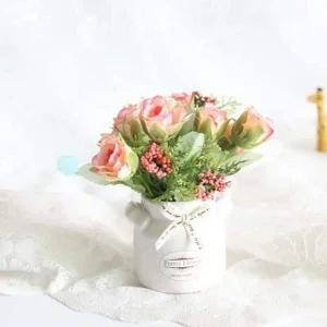 [콩심팥심]작은정원 도자기 장미 조화화분(코랄) 미니 조화꽃