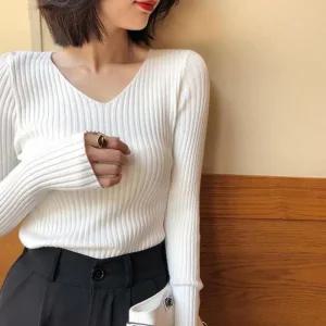 ONM 126819 슬림 브이넥 긴팔 골지니트 티셔츠