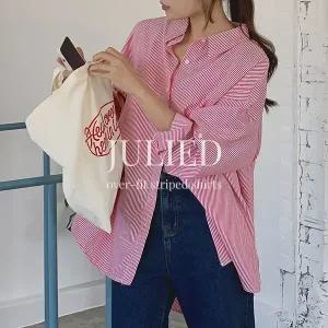 핫핑 [포인트룩] 줄리드 오버핏 스트라이프 긴팔셔츠(44~110)
