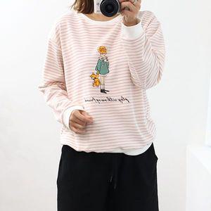 여성 마이걸 스트라이프 라운드 줄무늬 가을 면 긴팔 프린팅 봄 맨투맨 티 티셔츠