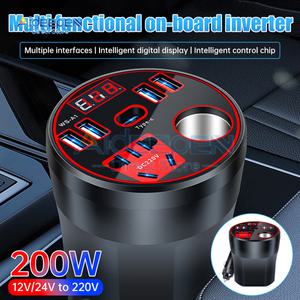 차량용 전원 인버터 LED 디스플레이 다기능 충전기 소켓 고속 충전 자동차 액세서리 200W 12V 24V-220V 컨