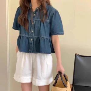여성 여름 러블리 캉캉 청남방 크롭 반팔 데님셔츠 셔링 크롭셔츠