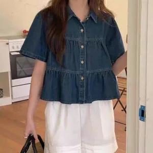 [하프클럽/]여름 크롭 청남방 반팔 캉캉 데님 셔츠 러블리 셔링 블라우스