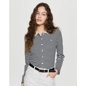 [헤지스레이디스](강남점)[25FW][HSTS-5D812]펀칭 스트라이프 풀오픈 긴팔 폴로 가디건 블랙