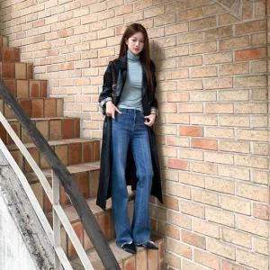 여자 유니크 레더 허리스트랩 트렌치 가죽 롱 코트