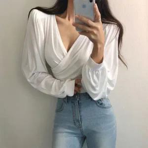 여자 데이트룩 셔링 랩 브이넥 퍼프 패드 긴팔 티셔츠