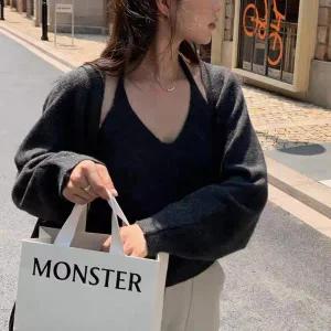 여자 키치무드 홀터넥 니트 나시 볼레로 가디건 세트