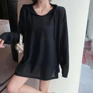 ONM 여성 2컬러 베이직 트임 얇은 데일리 후드 긴팔