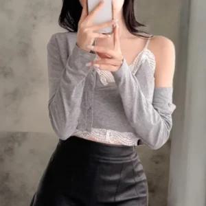 여성 탱크 카디건 레이스 슬리브리스 코르셋 세트