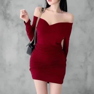 [하프클럽/]여성 파티 드레스 오프숄더 슬림핏 긴팔 셔링 미니 원피스