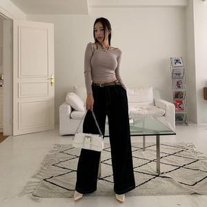 여자 와이드핏 스티치 벨트 세트 데님 청바지