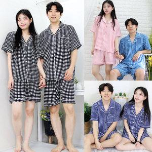 체크 지지미 반팔세트 여름 커플잠옷 남성 여성 파자마 홈웨어 이지웨어 상하세트 커플룩