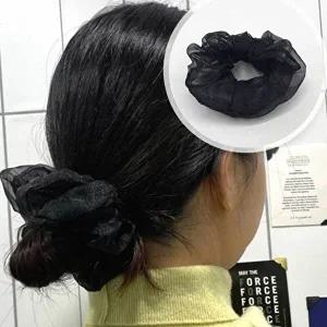 실크 쉬폰 스크런치 곱창머리끈 블랙 밴드 고무줄-WFHOVLH