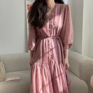 여성 롱원피스 봄원피스 롱 셔링 긴팔 결혼식 가을 핑크 브이넥 원피스 봄 휴양지 하