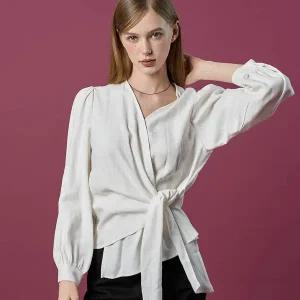 [KOLEAT]WOMEN 미디 크롭 랩 허리 스트랩 슬림 긴팔 셔츠 [WHITE] 블라우스 ver.