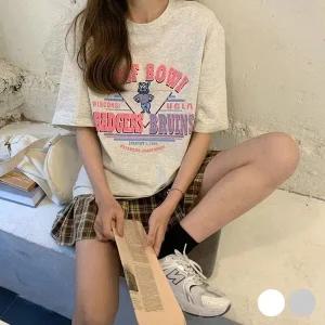 레이디스 레터링 러블리곰돌이프린트 로고프린트 오버사이즈 유니크 탑 (WFJT0PW)
