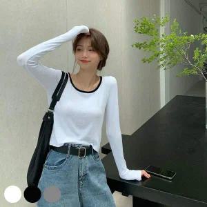 배색 넥라인 크롭한 기장 긴팔티 USD-255
