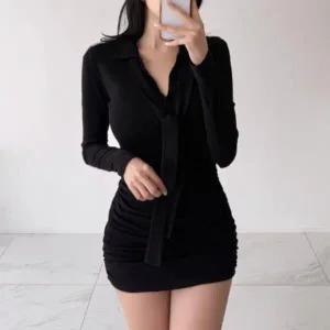 [하프클럽/]여성 슬림핏 오픈카라 셔링 미니 원피스