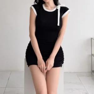 [하프클럽/]여성용 쁘띠 어깨 반소매 스트랩 잔주름 원피스