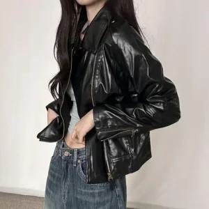 ONM 여자 가을 블랙 시크 라이더자켓 버튼 지퍼 가죽자켓