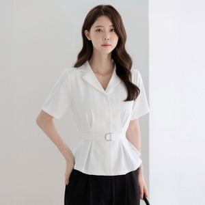 [시크라인] (~XL까지) 사샤 더블카라 핀턱 벨트 블라우스 여름 반팔 하객룩 오피스룩 데이트 모임 미시 빅사이즈