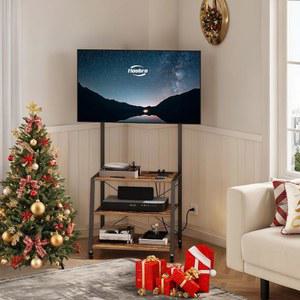 마운트 및 전원 콘센트가 있는 후브로 TV 스탠드 최대 55인치 TV, 코너 엔터테인먼트 센터, 거실, 침실, 러스틱 , 블랙 BF66UDS01 3단 수납 선반이 있는 소형 TV 스탠드