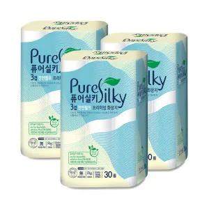 퓨어실키 펄프 3겹 30M 30롤 3개 총90롤 두루마리 화장지 휴지 1753639 현대제지 J