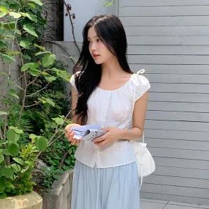 (가방set/레이스체크패턴) 첼리 캡소매 셔링 나시 블라우스 세트 st2908