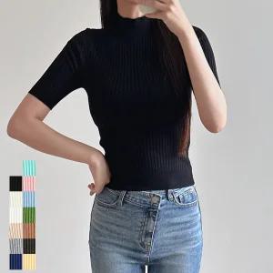 여성 여름 반목 니트 반팔티 세로 골지 반하이넥 5부 소매 정장 오피스룩 하객룩 13컬러