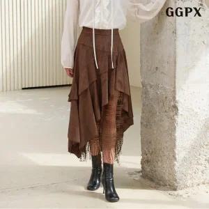 [GGPX]에스닉 프린지 스웨이드 믹스 매치 스커트 (GPCWH009D)